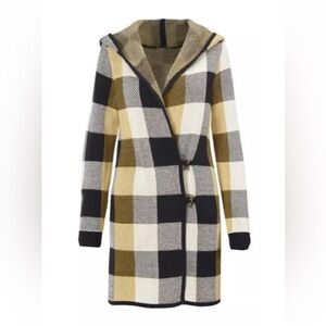 CAbi hooded buffalo check cardigan sweater coat with toggle closure Size Small